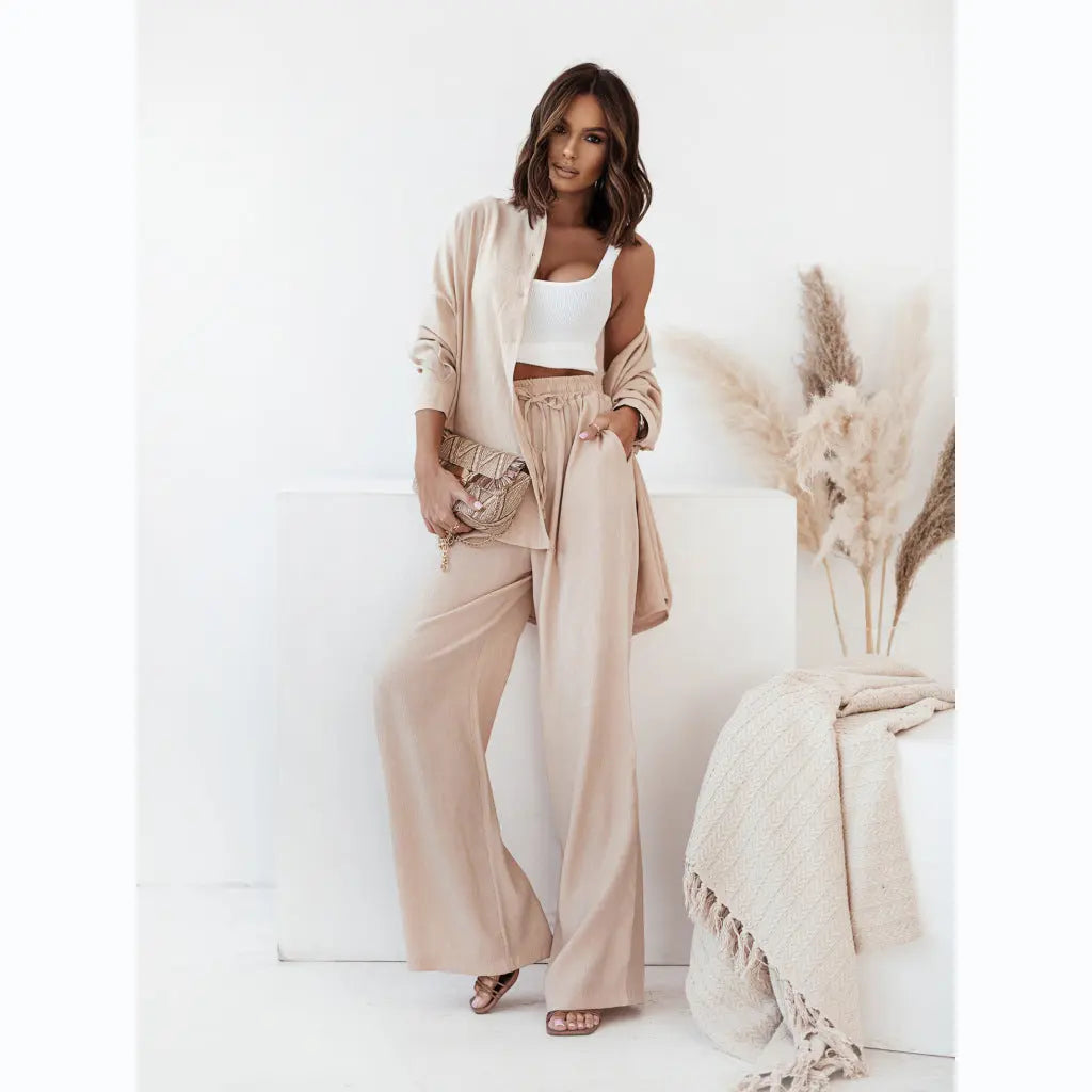 European And American Ins Style Solid Color Leisure Fashion Long Sleeve Blouse And Pants Lady T Fashions