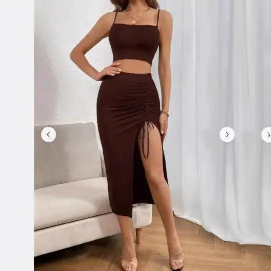 Slim Fit Sleeveless Split Mid-length Dress Set Women Lady T Fashions