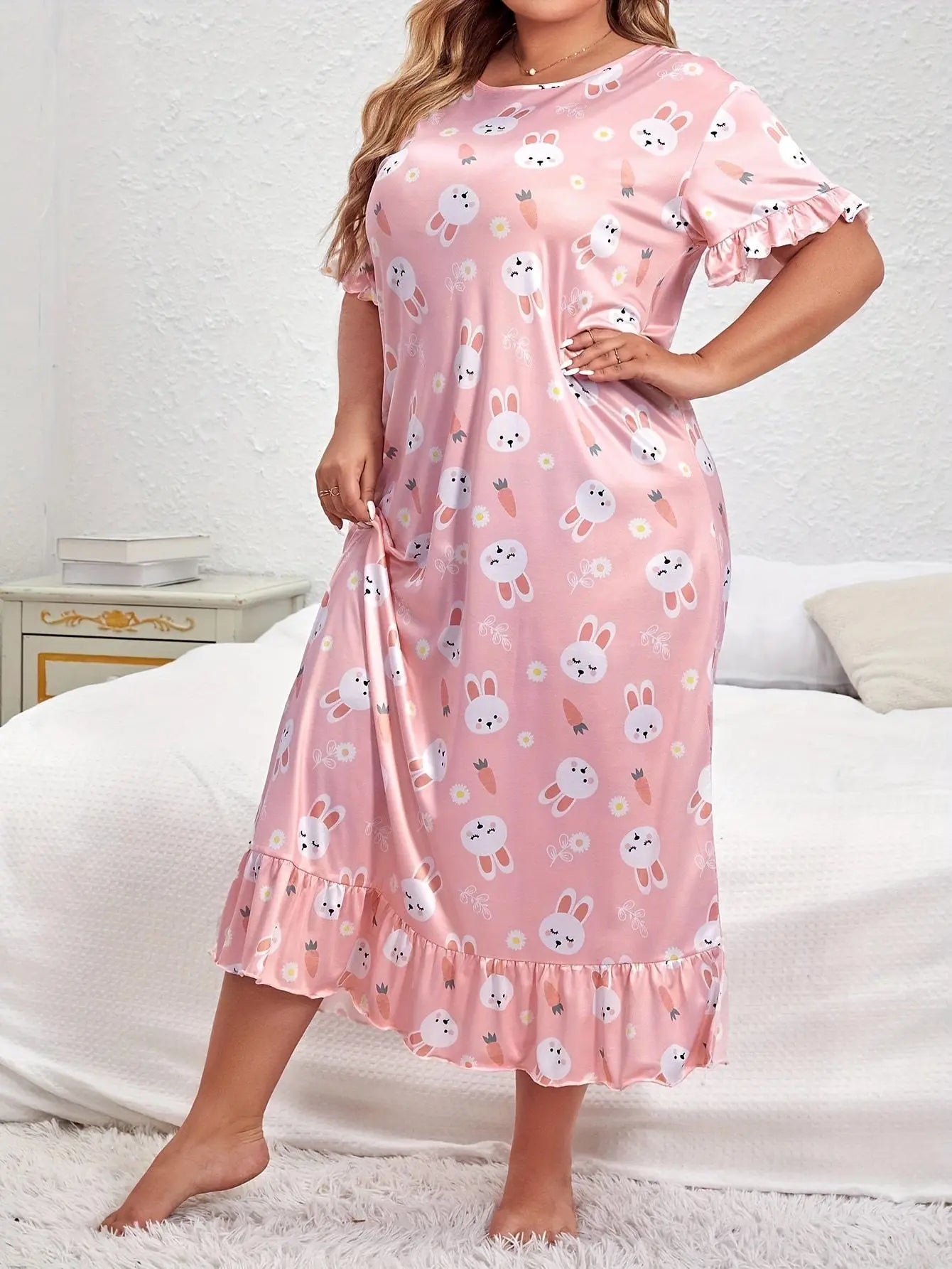 Summer plus size pajamas dress for fat MM plus size women 200 pounds loose casual can be worn outside long short-sleeved skirt nightgown with ruffles Lady T Fashions