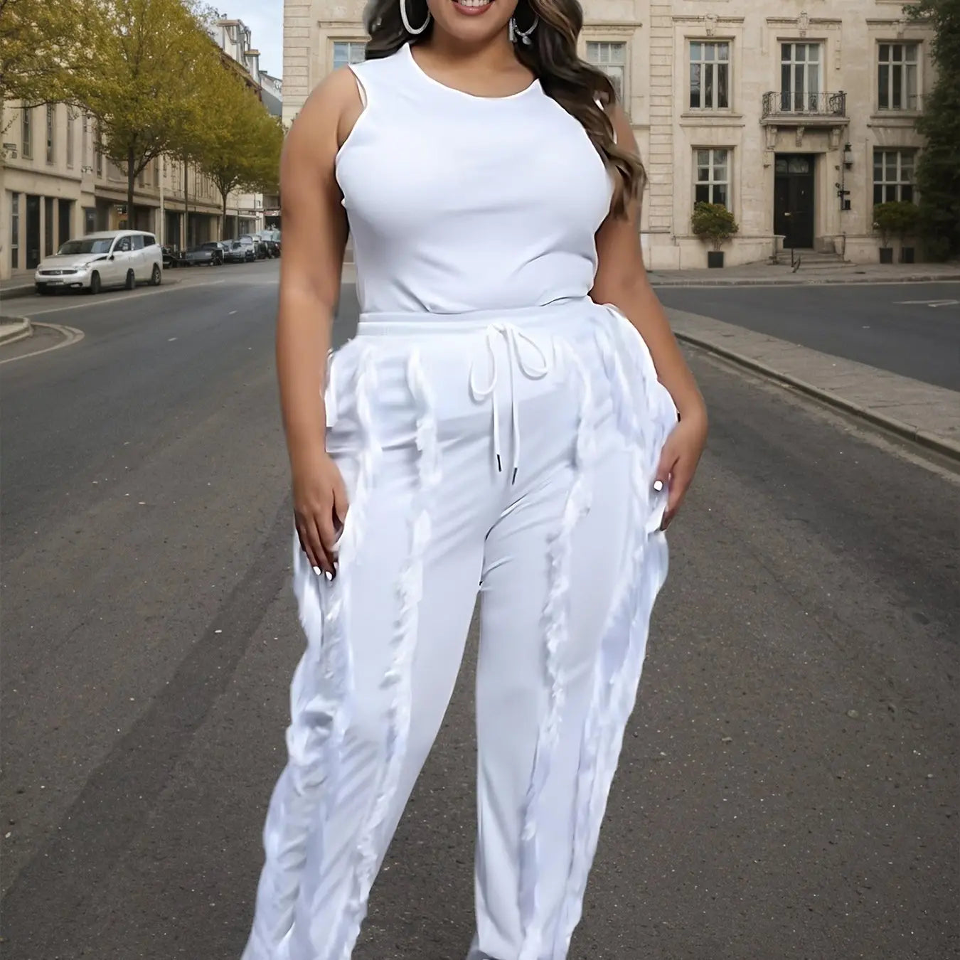 Plus Size - Women Plus Size 2pcs Outfits Fringe Tassel Long Pants Set Sleeveless Tank Tops Clubwear Lady T Fashions