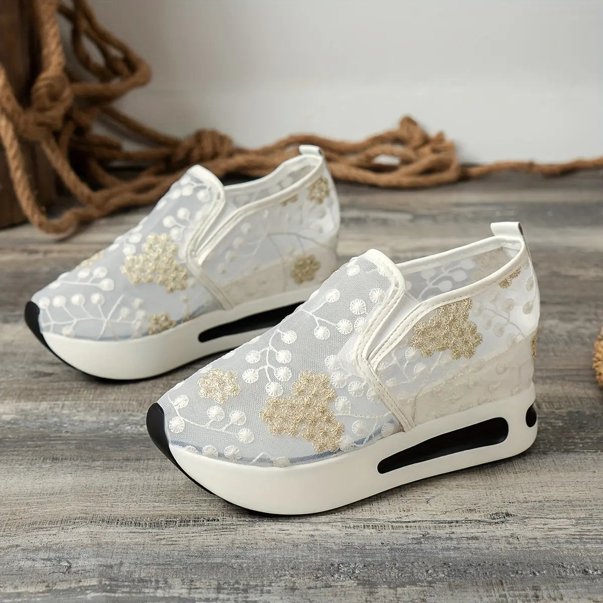Stunning Floral Lace Platform Shoes - Fashion Sneakers with Height Increasing, Slip-On Design, Low Top Style, and Versatile Casual Wear - Perfect for Everyday Outings and Special Occasions Lady T Fashions