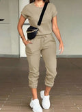 2pcs Women Solid Color Round Neck Short Sleeve Top And Drawstring Pocket Long Pants Casual Suit Lady T Fashions