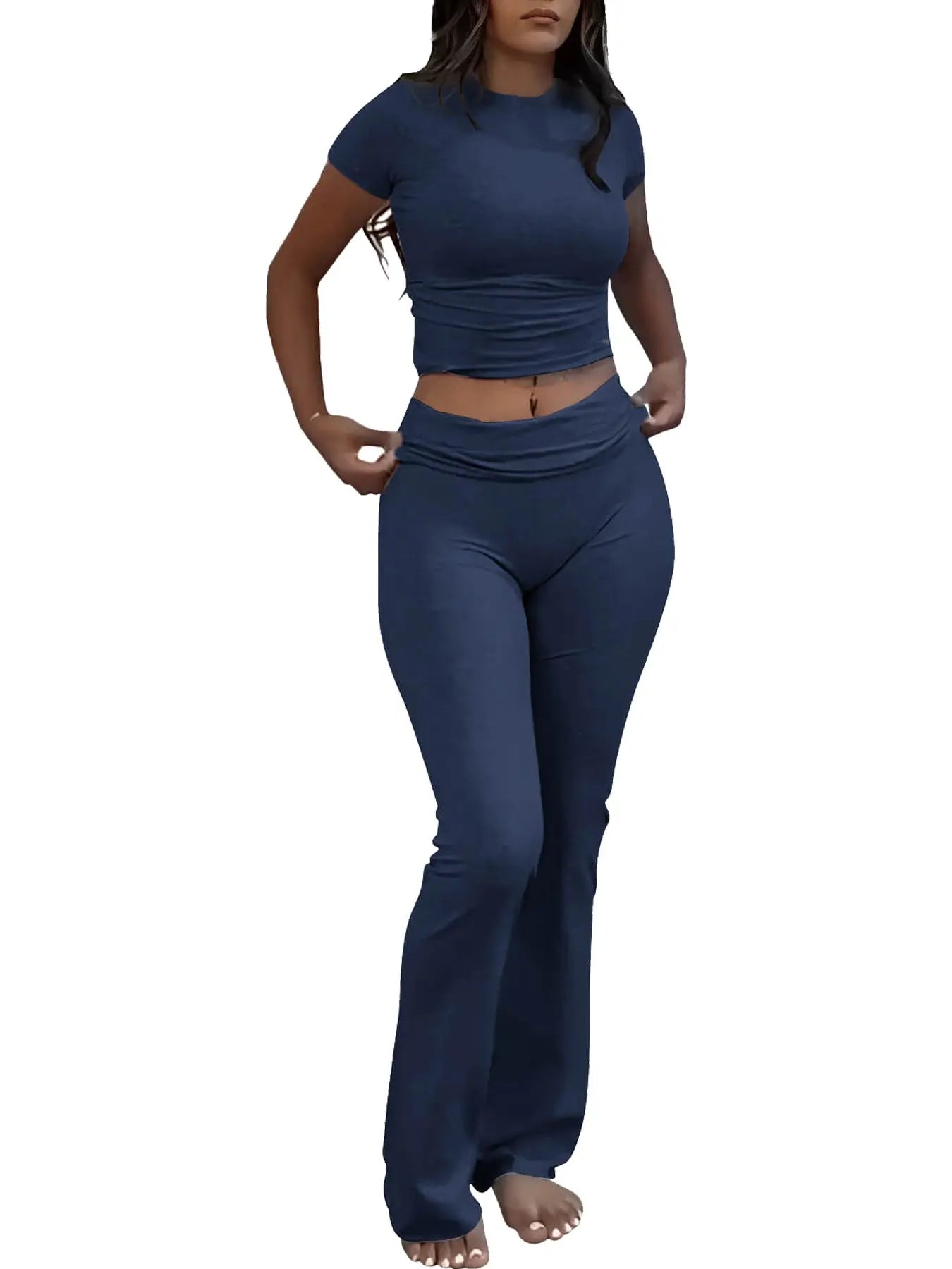Casual Solid Color Slim Fit Two-piece Pants Set, Short Sleeved Round Neck T-shirt And Tight Flared Pants Sports Pants Clothing, Women's Clothing Lady T Fashions