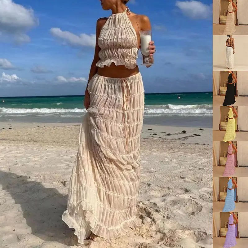 2pcs Women's Dress Suit Sexy Sleeveless Backless Cropped Halter Top And Pleated Long Skirt Beach Clothing Lady T Fashions