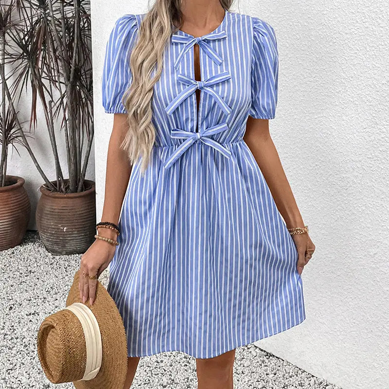 Women's Striped Tie Front Puff Sleeve Summer Casual Mini Dresses Loose Flowy Sundress Lady T Fashions