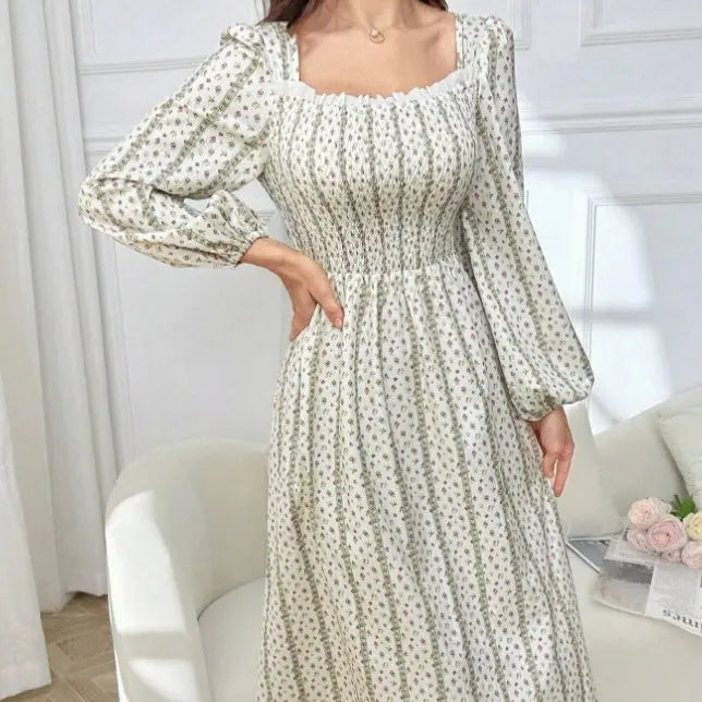 Ladies' Lantern Sleeve Pleated Lace Striped Floral Print Long Dress Lady T Fashions