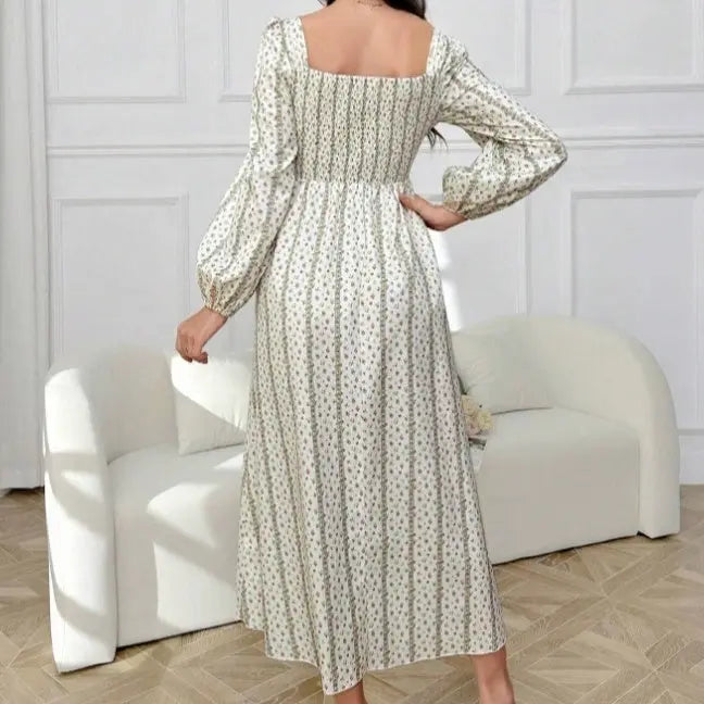 Ladies' Lantern Sleeve Pleated Lace Striped Floral Print Long Dress Lady T Fashions