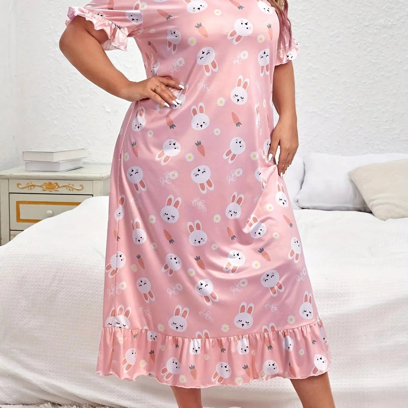 Summer plus size pajamas dress for fat MM plus size women 200 pounds loose casual can be worn outside long short-sleeved skirt nightgown with ruffles Lady T Fashions