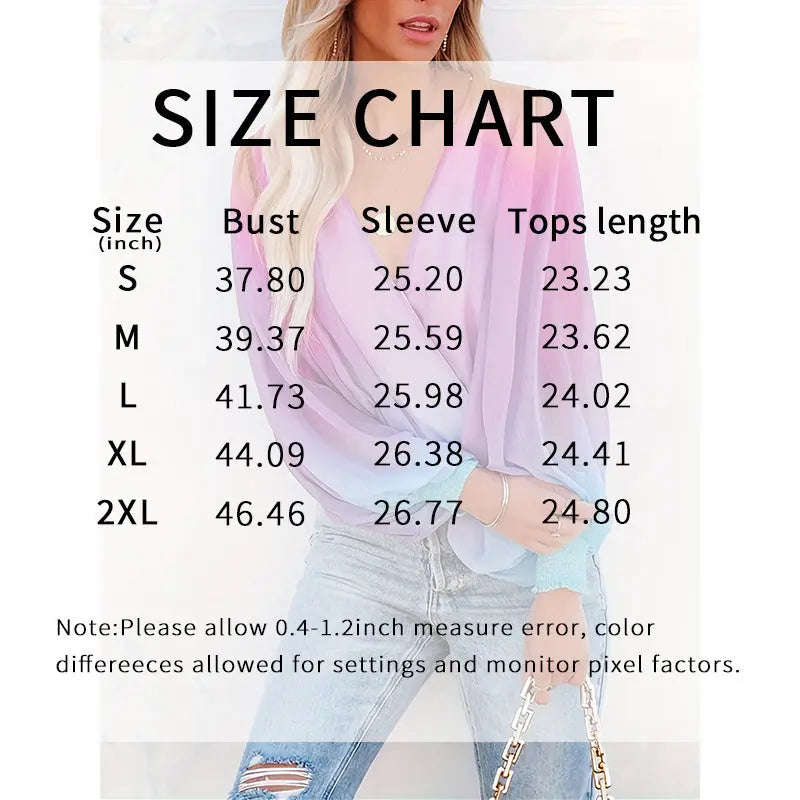 Womens V Neck Gradient Color Long Sleeve Tops 2025 Summer Casual Loose Puff Sleeve Chiffon Shirts Lady T Fashions
