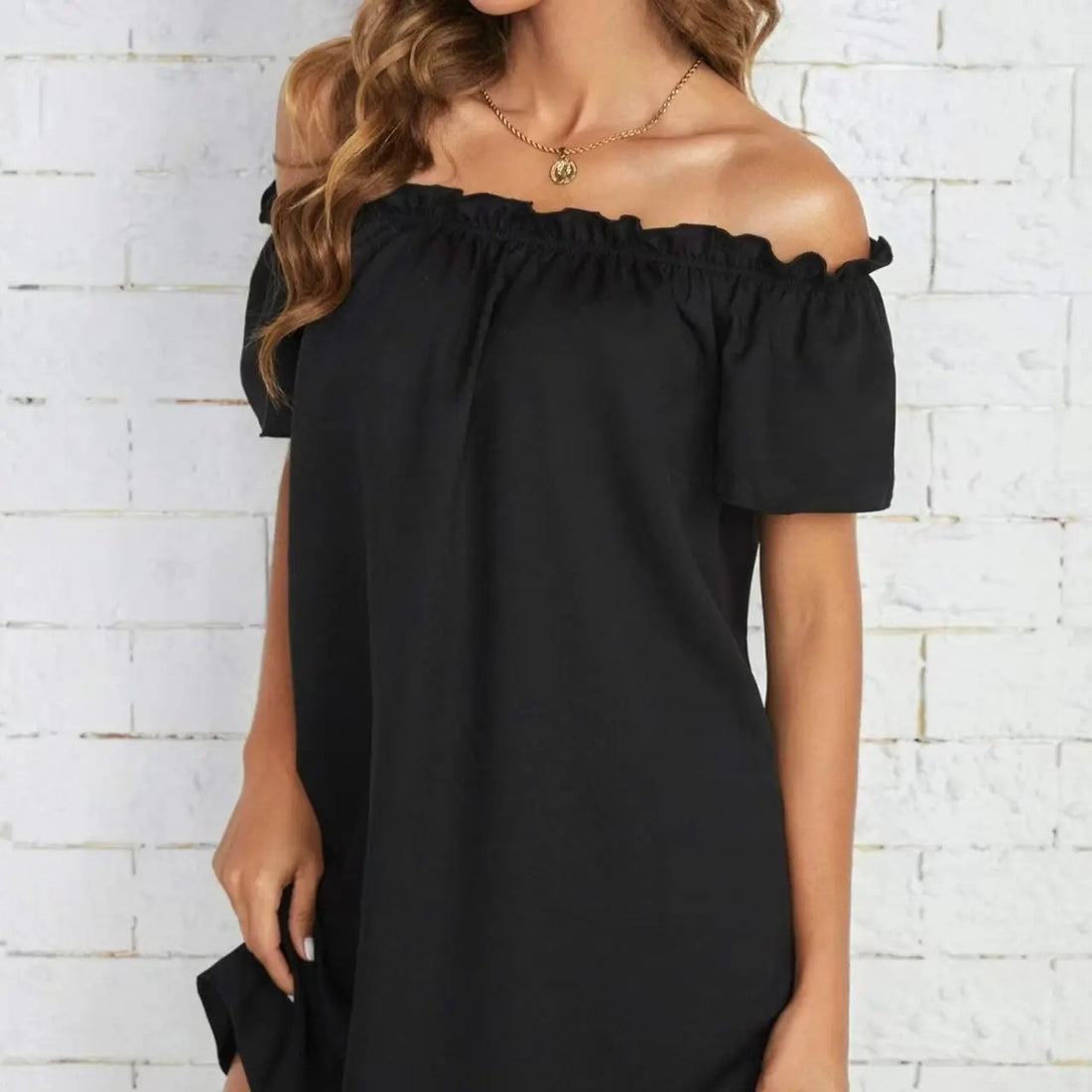 Ladies' Fashion Off Shoulder Ruffle Solid Color Decorative One Shoulder Casual Dress Lady T Fashions