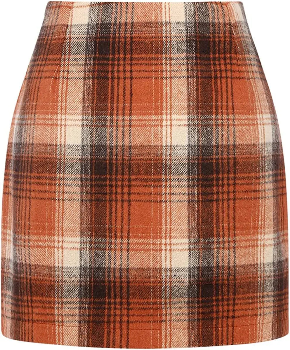 Women's High Waist Plaid Tight Pencil Wool Mini Skirt Lady T Fashions