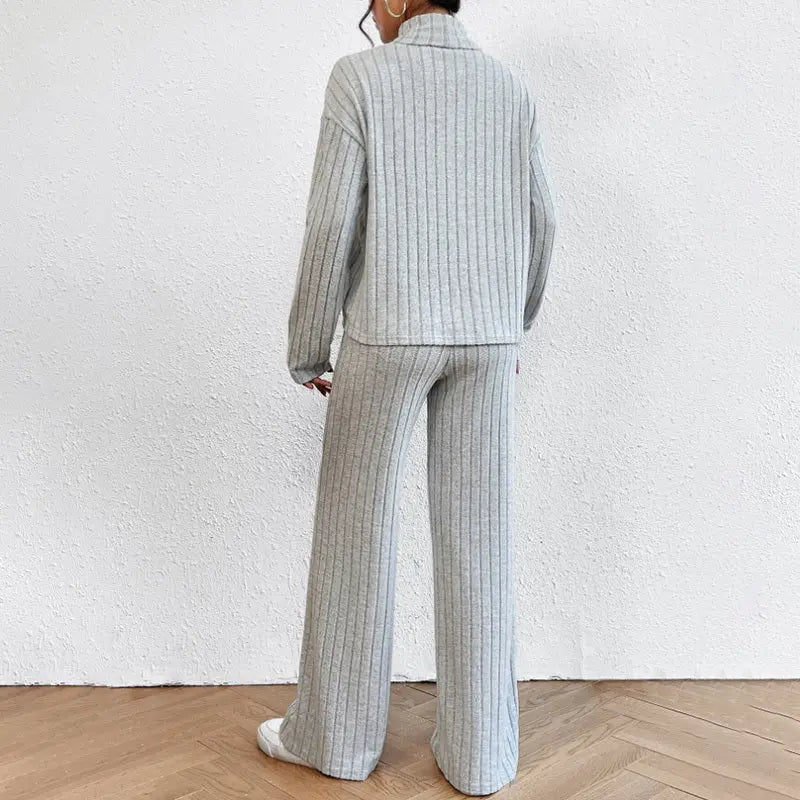Women's Solid Color 2-Piece Set High Neck Long Sleeve Top & Pants, Striped Loungewear For Fall&Winter Lady T Fashions