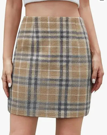 Women's High Waist Plaid Tight Pencil Wool Mini Skirt Lady T Fashions