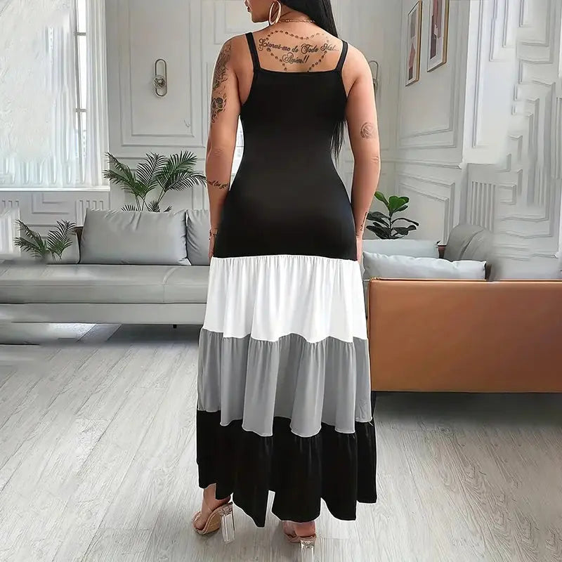 Women's Summer Casual Sleeveless V Neck Color Block Spaghetti Strap Maxi Long Dress Lady T Fashions