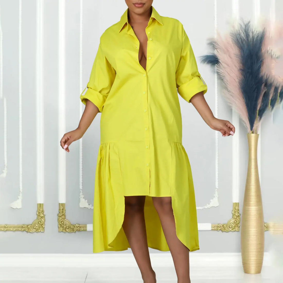 Loose-fitting Long Sleeves Irregular Midi Dress Solid Color Lady T Fashions