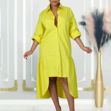 Loose-fitting Long Sleeves Irregular Midi Dress Solid Color Lady T Fashions