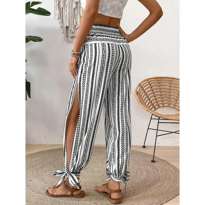 Women's Fashion Striped Long Pants Side-Slit Design Trendy Casual Trousers Lady T Fashions