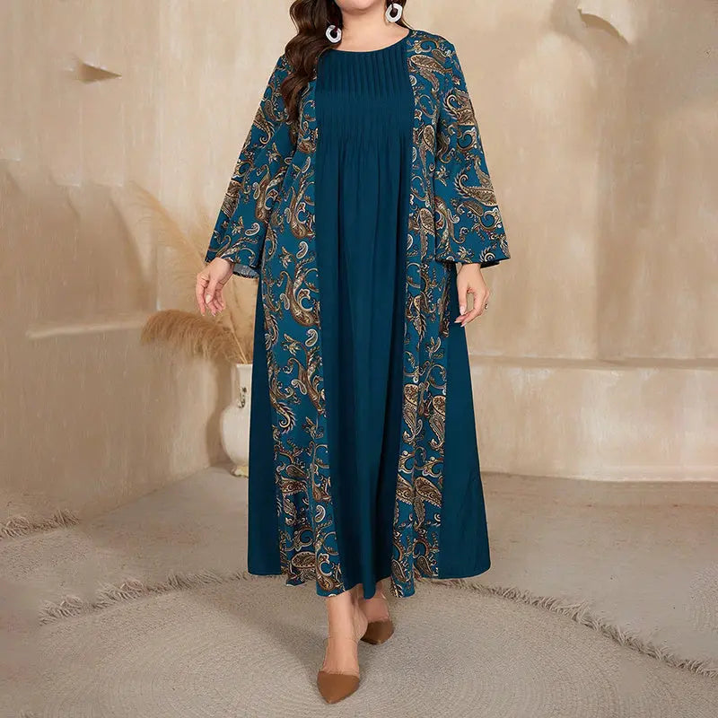 Women's Plus Size Bohemian Floral Printed Maxi Dress, Pleated Front Long Sleeve Crew Neck Loose Fit Lady T Fashions