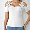 Ladies' Light V-neck Fashionable Casual Solid Color Lace Patchwork T-shirt Top Lady T Fashions