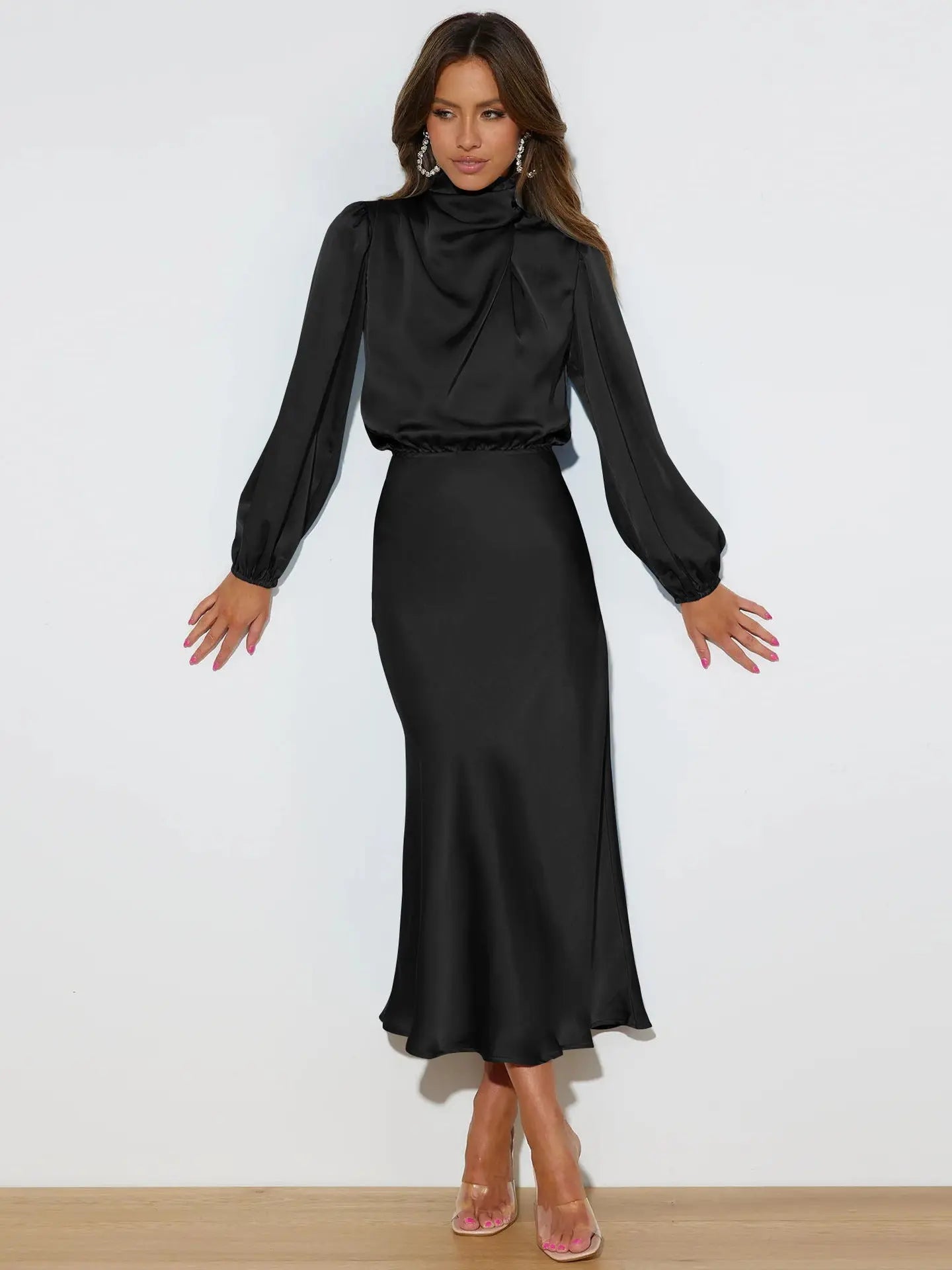 Dress Spring And Autumn Halterneck Long-sleeved Formal Dress Satin Elegant Lady Of Note Evening Dress Lady T Fashions