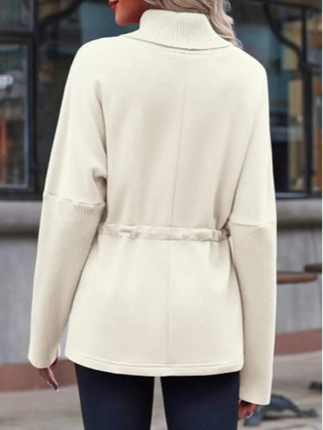 Fisoew Women's Turtleneck Sweatshirts Fleece Drawstring Waist Casual Long Sleeve Pullover Sweater Side Slit Tunic Tops Lady T Fashions