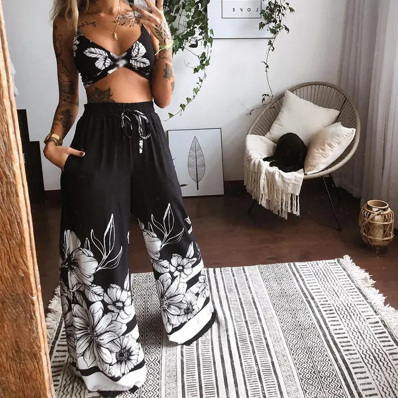 Printed Tube Top Loose Wide Leg Pants Two-piece Set Lady T Fashions
