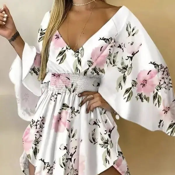 Ladies' Floral Print Waist With Ruffled Edges, Big V-neck, Sexy Asymmetrical Hem, Elegant Seaside Vacation Style Short Dress Lady T Fashions
