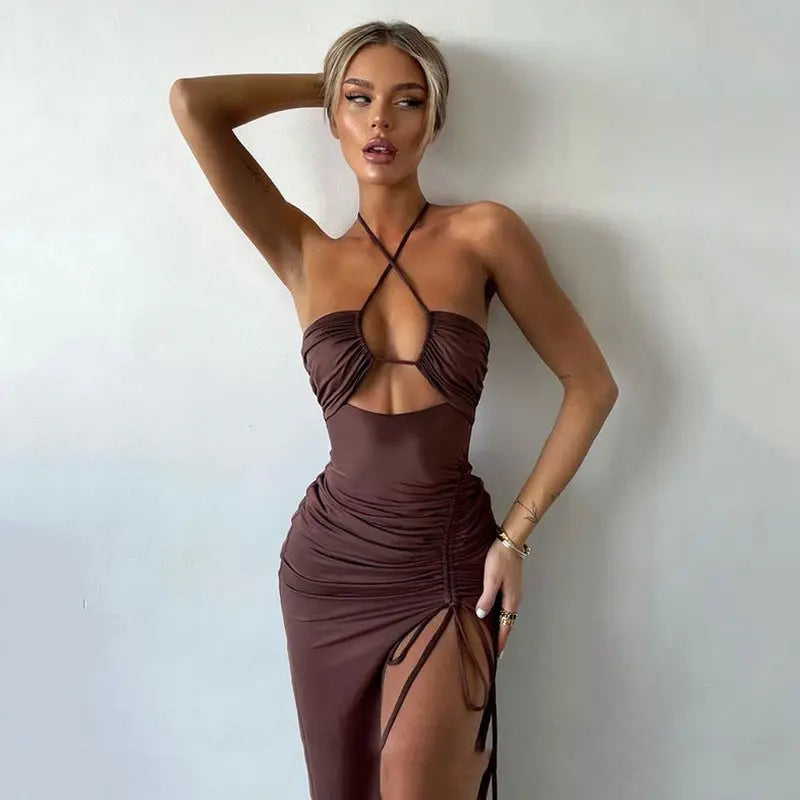 Sexy Halterneck Lace-up Split Dress Summer Y2K Fashion Party Baech Long Dresses For Womens Clotjing Lady T Fashions