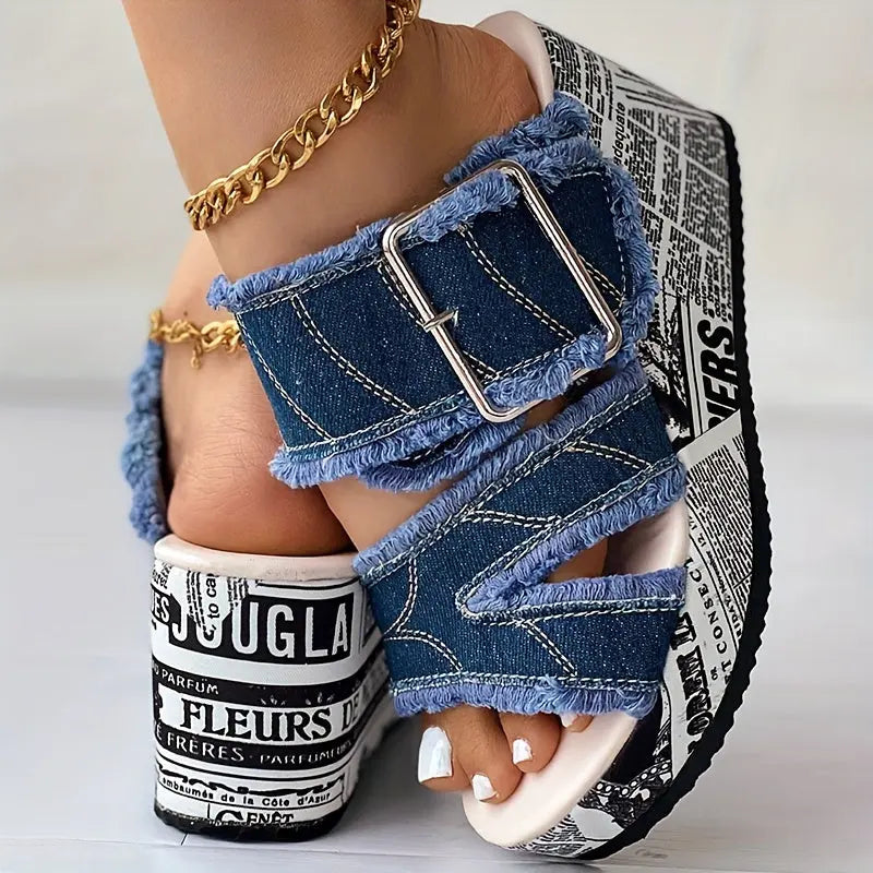 Women's Letter Print & Denim Canvas Sandals, Slip-on Buckle Wedge Heel Shoes, Fashion & Summer Women's Shoes Lady T Fashions