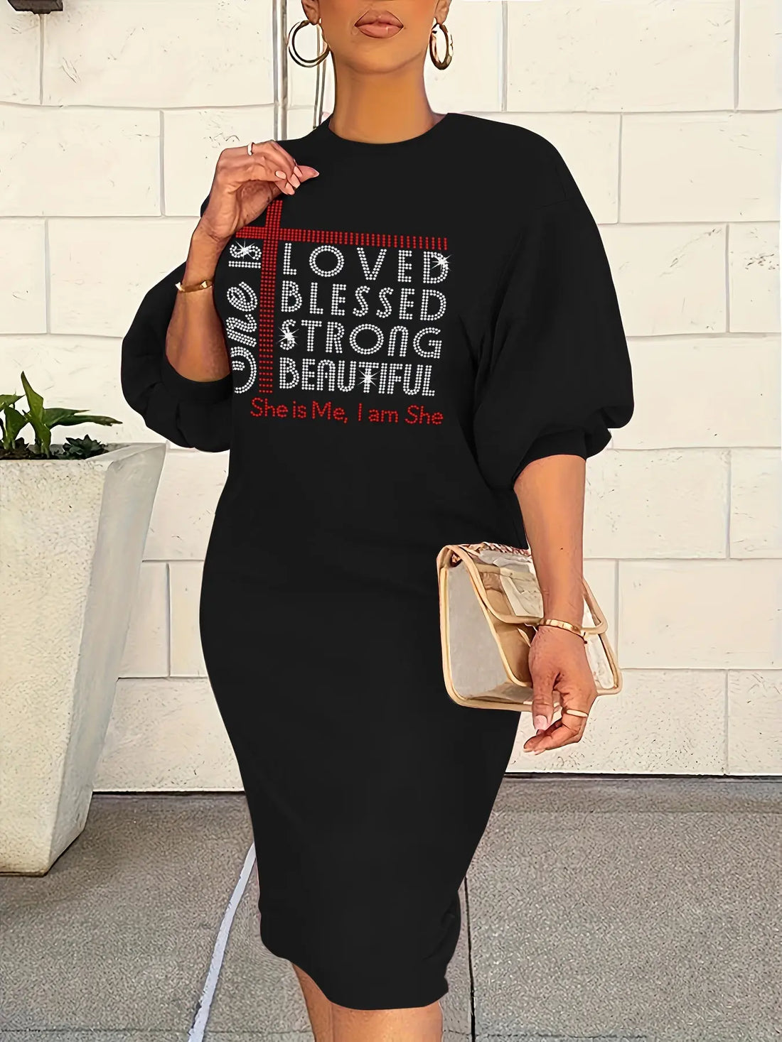 Sparkling Rhinestone Puff Sleeve Midi Dress for Plus Size Women - Casual Spring Summer Outfit Lady T Fashions