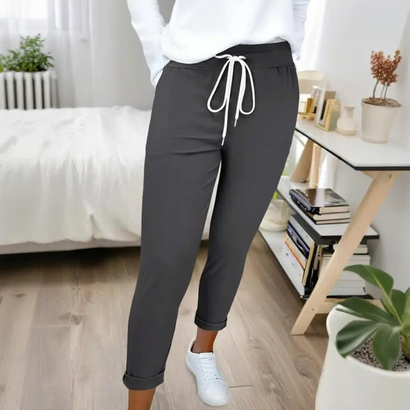 Women's Solid Color Casual Pants - Stretchy Waist With Drawstring Comfortable Lounge Pants Lady T Fashions