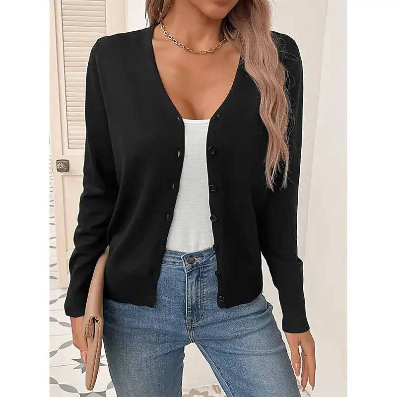 Women's Long Sleeve V-Neck Button Down Cardigan Knit Shrugs Sweater Lady T Fashions