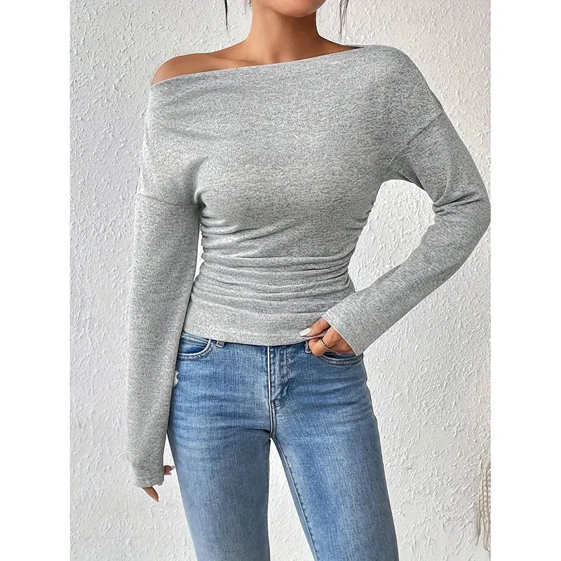 Women's Off The Shoulder Tops Long Sleeve T Shirts Going Out Tops Casual Trendy Ruched Slim Fitted Tees Lady T Fashions