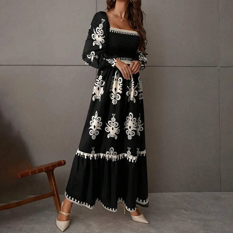 Elegant Women's Retro Geometric Print Lantern Sleeve Dress - Square Neck A-Line With Elastic Cuffs, Casual & Formal Dress Lady T Fashions