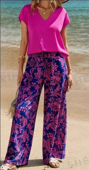 Women's Solid V-Neck Short Sleeve Top And Botanical Print Pants Lady T Fashions