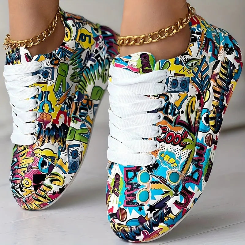 Womens Graffiti Art Sneakers - Stylish Lace-Up Platform Shoes with Comfortable Low Top Design - Perfect for Sports & Casual Wear - Fashionable Skate Style Lady T Fashions