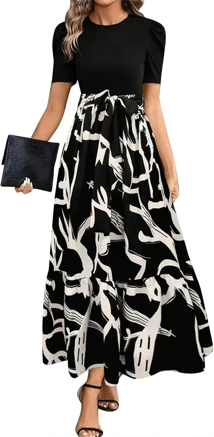 Floral Print Round Neck Exotic Vacation Style Elegant Dress Lady T Fashions