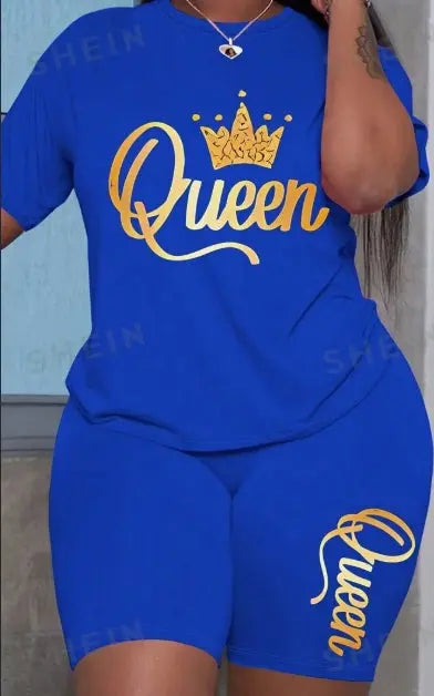 Crown & Letter Printed Short Sleeve T-Shirt And Shorts Casual Two-Piece Set For Summer Lady T Fashions