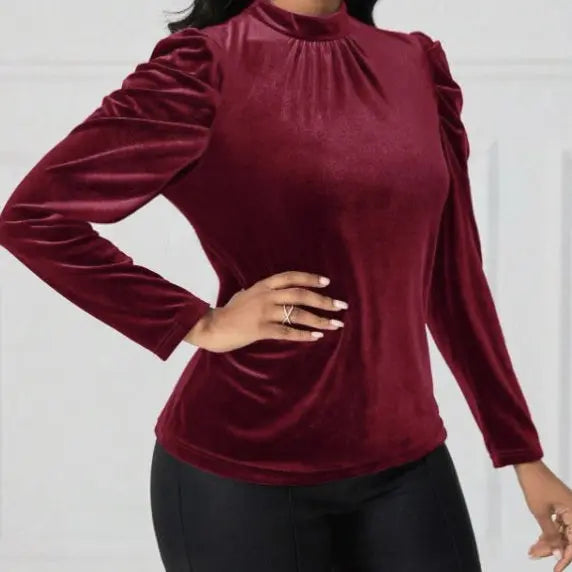 Women's Solid Color Round Neck Bubble Sleeve Slim Fit T-shirt Lady T Fashions