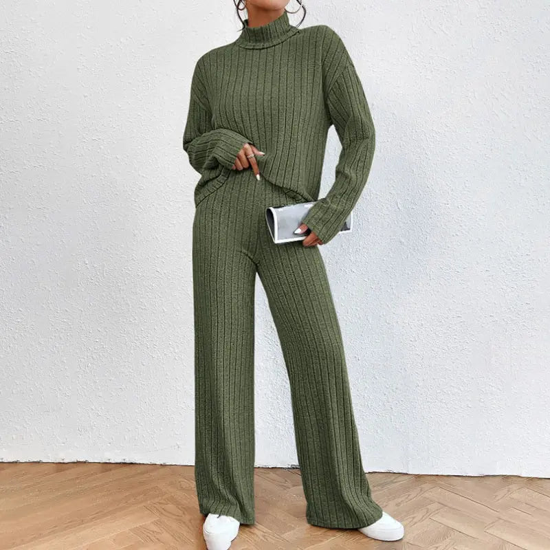 Women's Solid Color 2-Piece Set High Neck Long Sleeve Top & Pants, Striped Loungewear For Fall&Winter Lady T Fashions