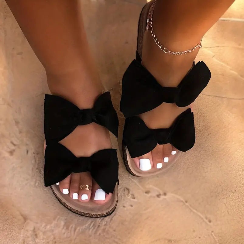 Women's Bow Tie Decor Slippers, Open Toe Round Toe Platform Slides, Women's Fashion Flat Shoes Lady T Fashions