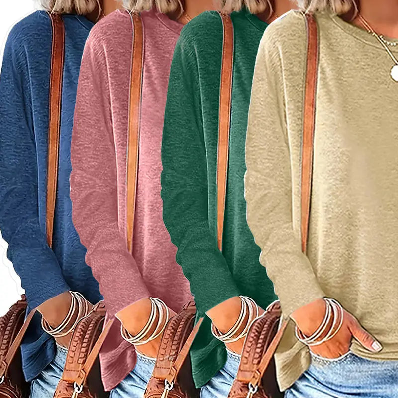 4 Pack Women's Solid Color Casual Set Round Neck Long Sleeve Tops For Spring&Fall Lady T Fashions