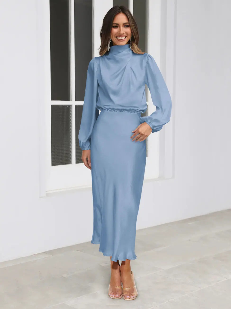 Dress Spring And Autumn Halterneck Long-sleeved Formal Dress Satin Elegant Lady Of Note Evening Dress Lady T Fashions