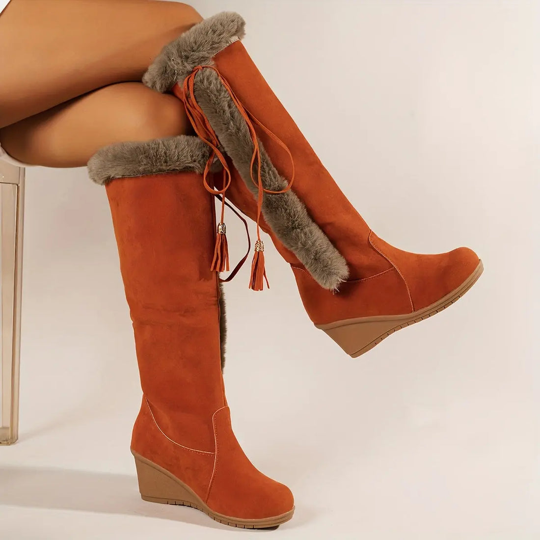 Women's Wedge Knee High Snow Boots, Plush Comfy Lace Up Round Toe Shoes, Winter Thermal Shoes Lady T Fashions