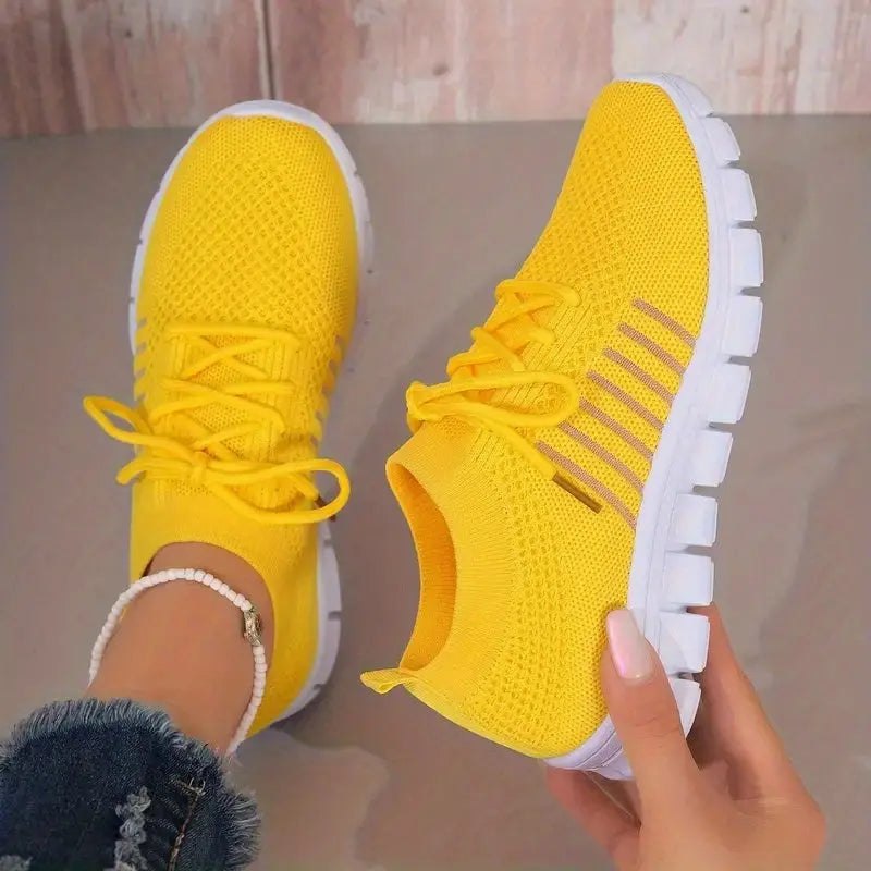 Women's Mesh Breathable Running Shoes, Solid Color Lace Up Front Summer Walking Shoes, Flying Woven Casual Sneakers Lady T Fashions