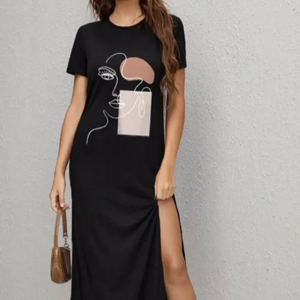 Women's Face Printed Round Neck Side Slit Dress Lady T Fashions