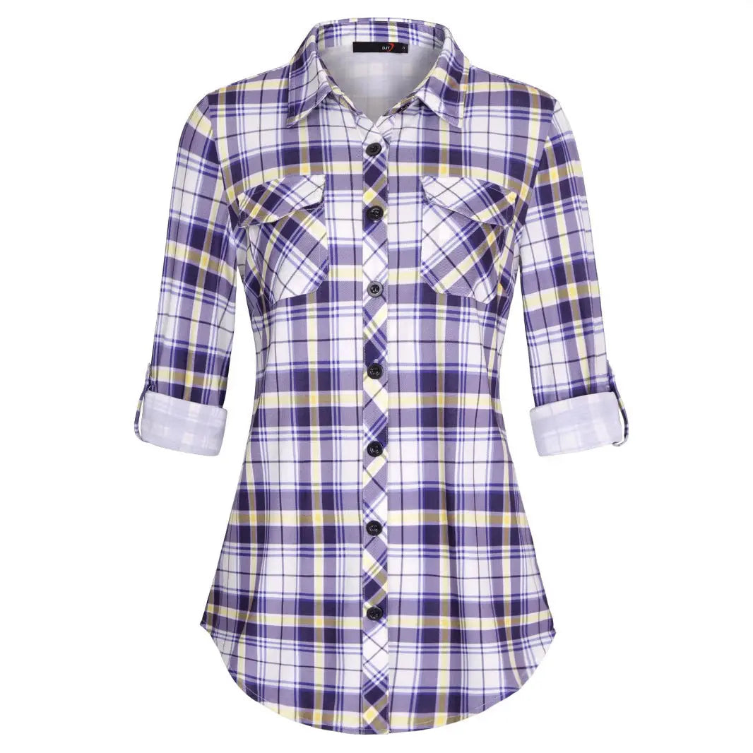 Plaid Pouch Button Cuff Comfort And Casual Printed Women's Shirt Lady T Fashions
