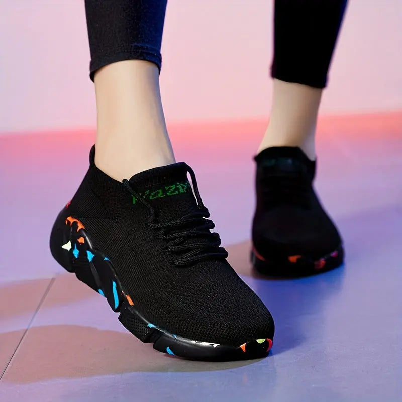 Women's Breathable Flying Woven Sneakers, Casual Lace Up Outdoor Shoes, Lightweight Low Top Trainers Lady T Fashions