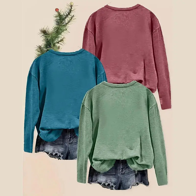 3 Pack Women's Solid Color Casual Set Round Neck Long Sleeve Tops For Spring&Fall Lady T Fashions