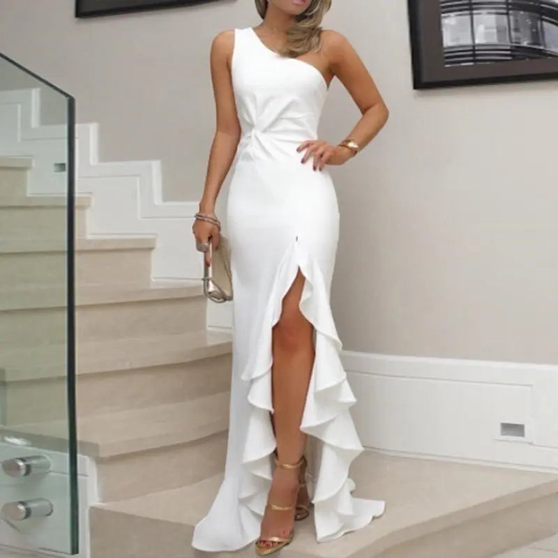 Slit Ruffled Large Evening Dress Lady T Fashions